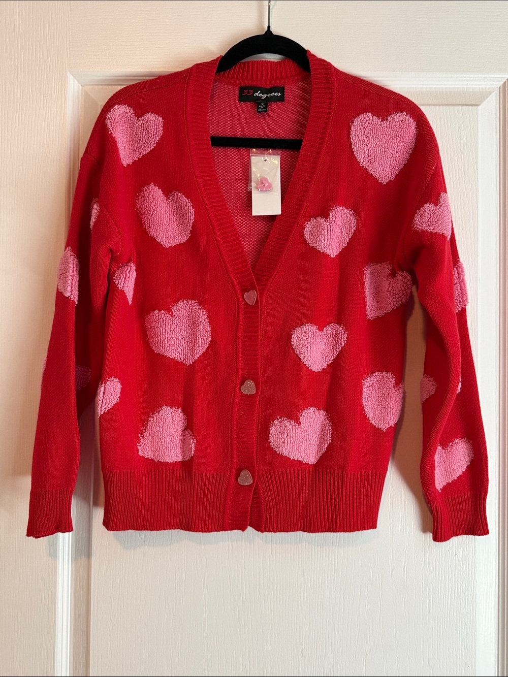 33 Degrees Red Cardigan with Pink Heart Pattern
